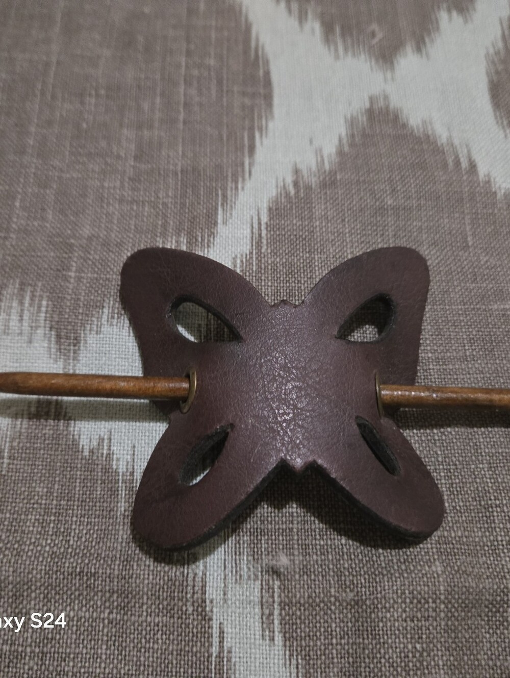70's Butterfly Dark Brown Leather For Hair, Wooden Stick, Perfect Condituon